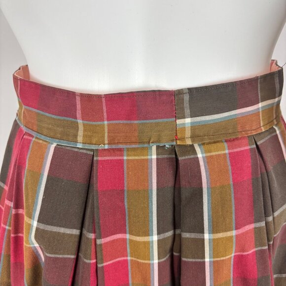 Vintage 50s Plaid Skirt Womens Size XS Button Up Front Brown Red Academia Cotton - Picture 8 of 9